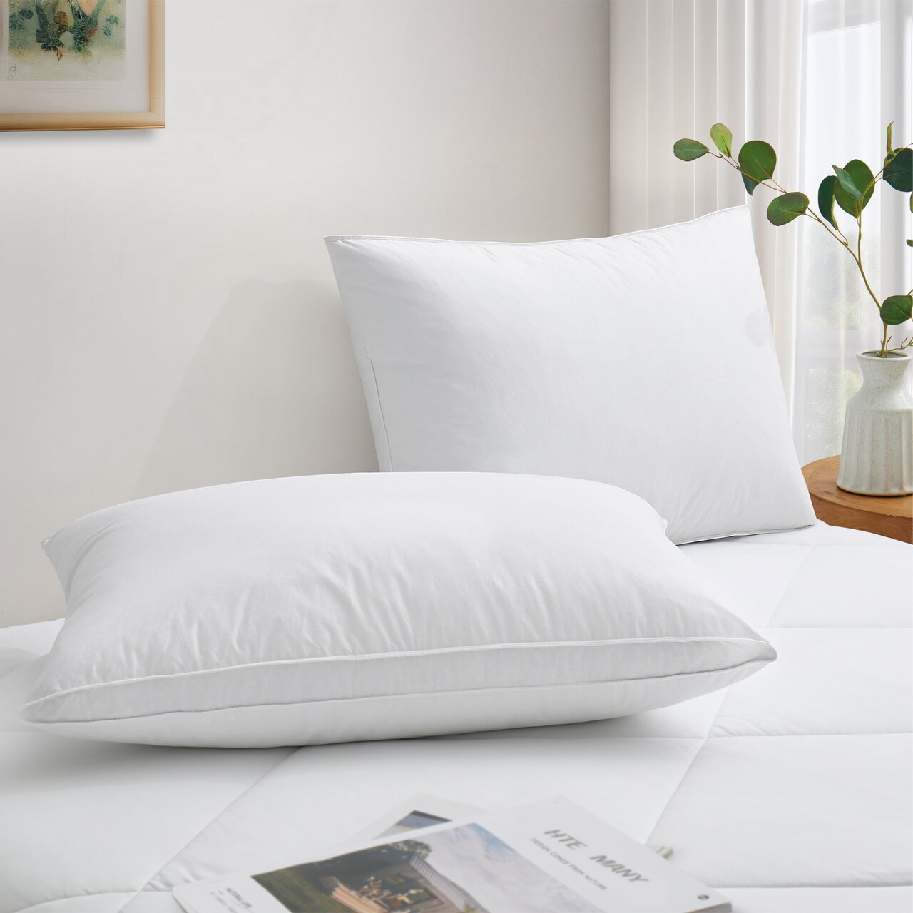 Puredown Medium Firm Goose Down Feather Pillows 2 Pack Gusseted Luxury Standard